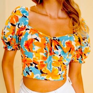 M/L  Moda Orange and Blue Floral Blouse